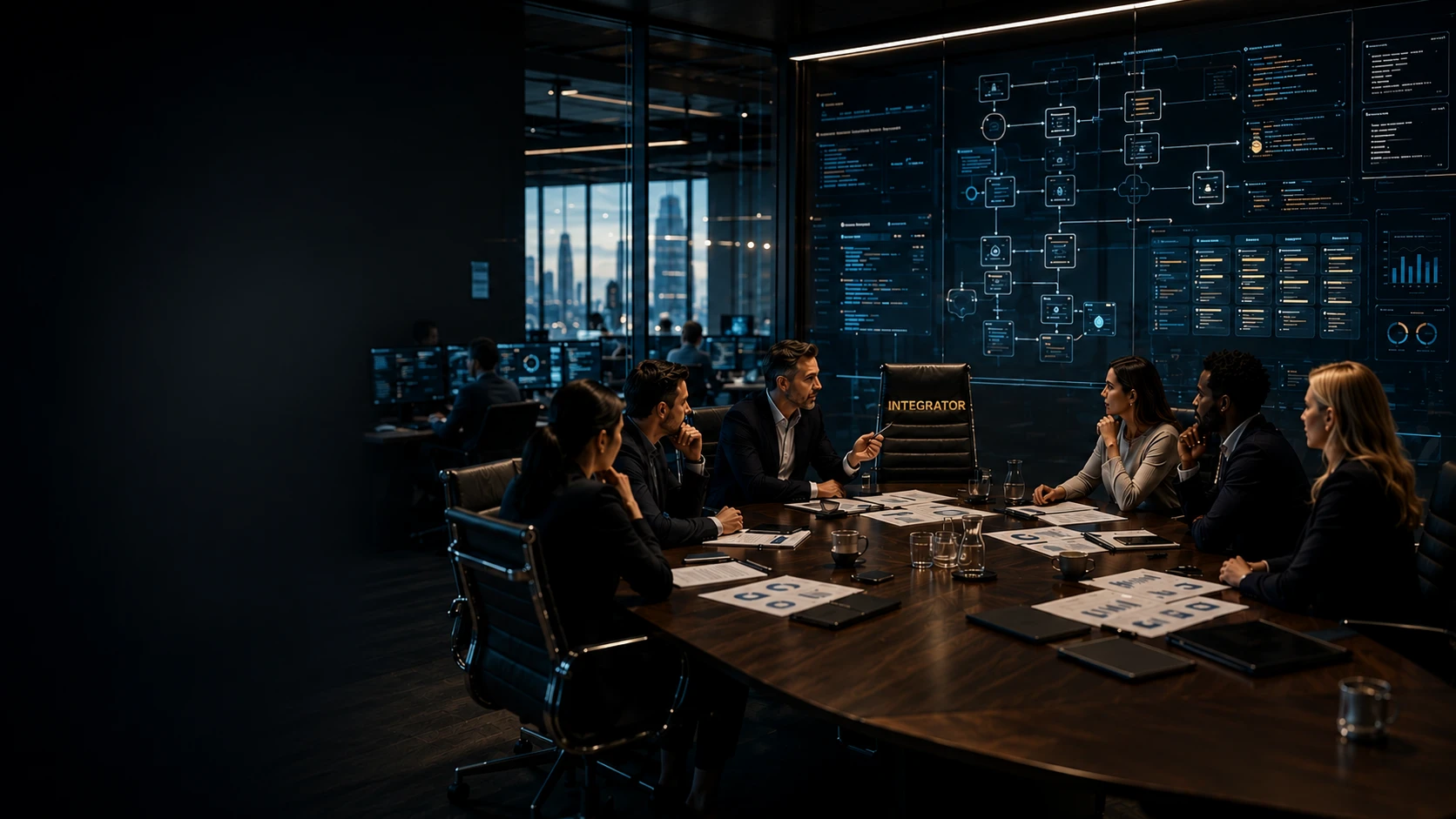 Leadership team working around the Integrator seat in a modern operations room